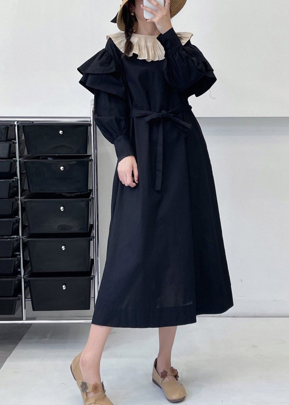 Black Pockets Cotton Dress Ruffled Summer