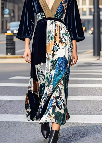 Dark V Neck Print Silk Velvet Cinched Dress Fall