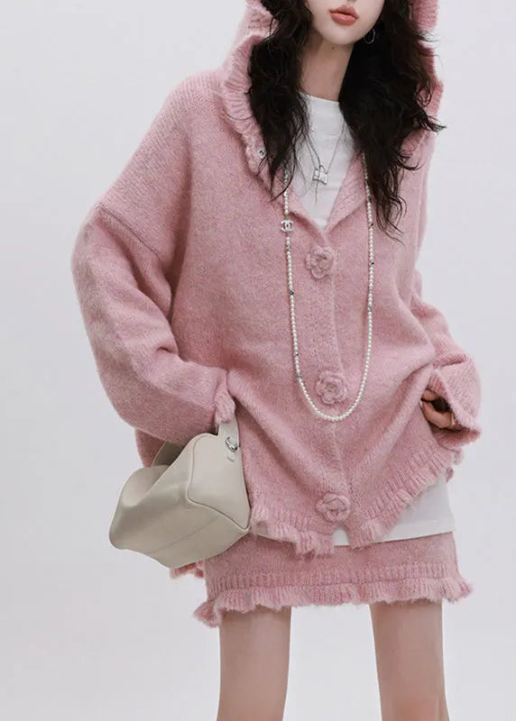 Pink Ruffled Patchwork Cotton Knit Hooded Cardigan and Skirts Two Piece Set Spring