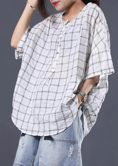 White Plaid Linen Tunic Cotton O Neck Summer Shirt