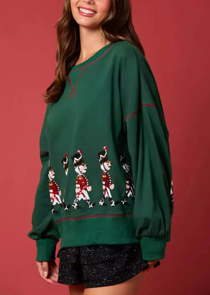 Green O Neck Sequins Cotton Loose Sweatshirt Winter