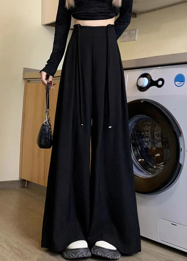 New Black Lace Up High Waist Spandex Wide Leg Pants Fall