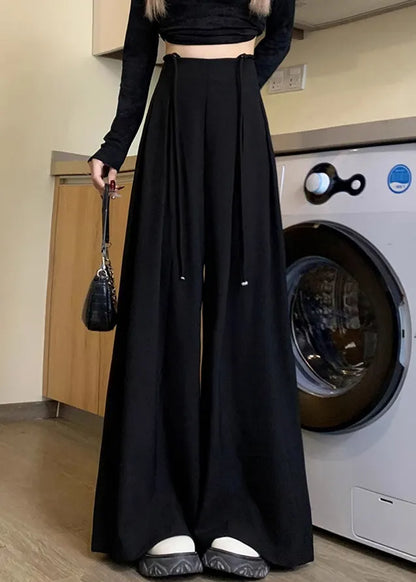 New Black Lace Up High Waist Spandex Wide Leg Pants Fall