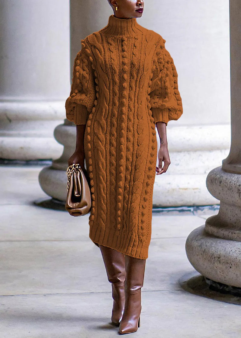 New Yellow Turtleneck Side Open Cable Knit Long Sweater Dress Bracelet Sleeve