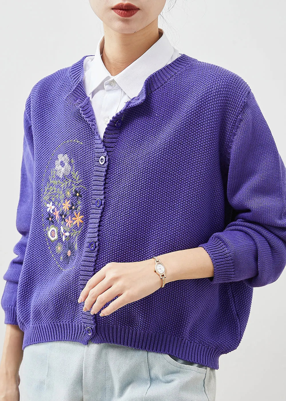 Purple Embroidered Knit Cardigans Spring