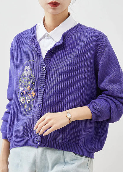Purple Embroidered Knit Cardigans Spring