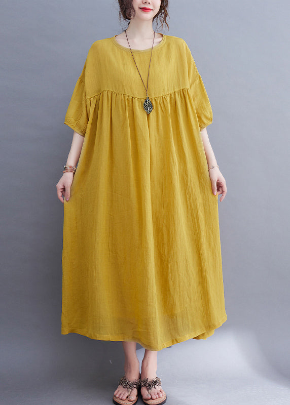 Yellow O-neck Wrinkled Maxi Dress Half Sleeve