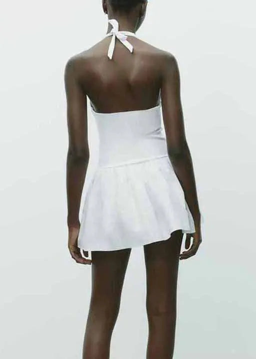 White Wrinkled Cotton Mini Dress Backless Summer