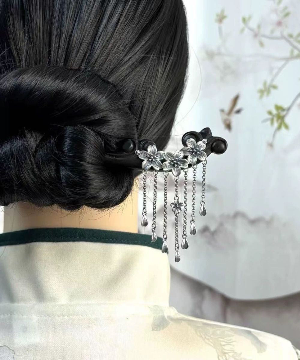 Handmade Black Wooden Three Plum Blossoms Tassel Hairpin