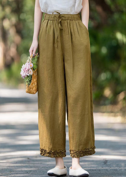 Khaki Lace Up Linen Pants Ruffled Summer