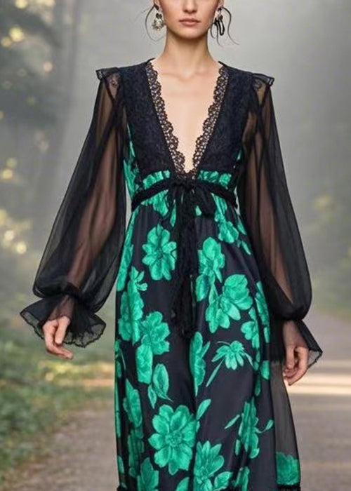Black V Neck Print Chiffon Long Dresses Butterfly Sleeve