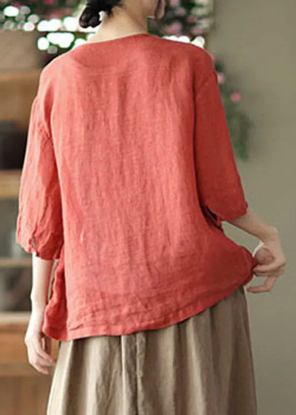 Red O-neck Pockets Linen Loose Cardigans Half Sleeve