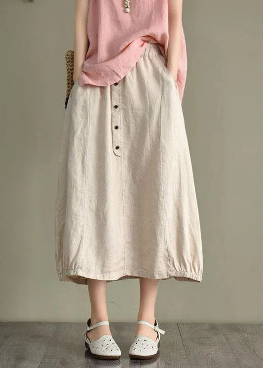 Beige Button a Line Summer Loose Skirts Linen