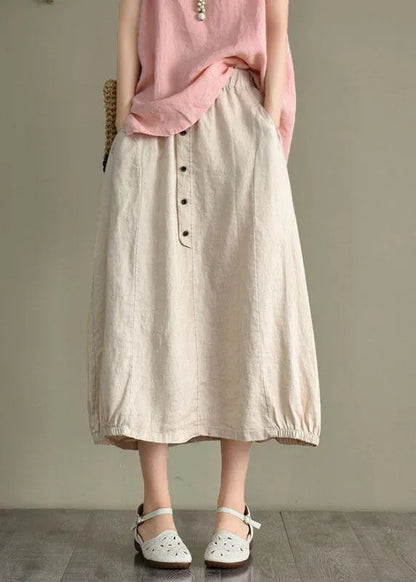 Khaki Linen Elastic Waist Button Skirt