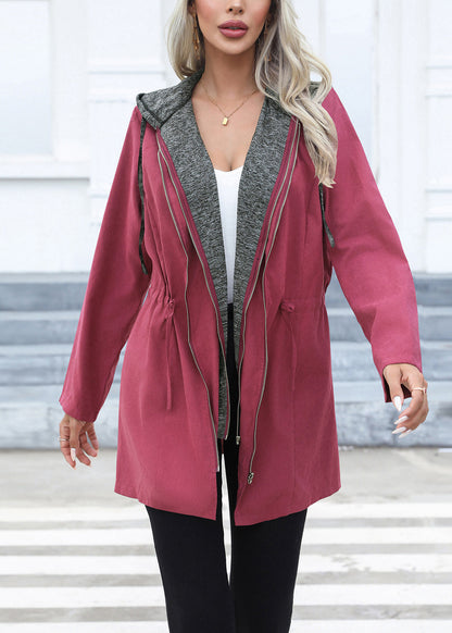 Green Drawstring Patchwork Cotton Hoodie Coat Fall