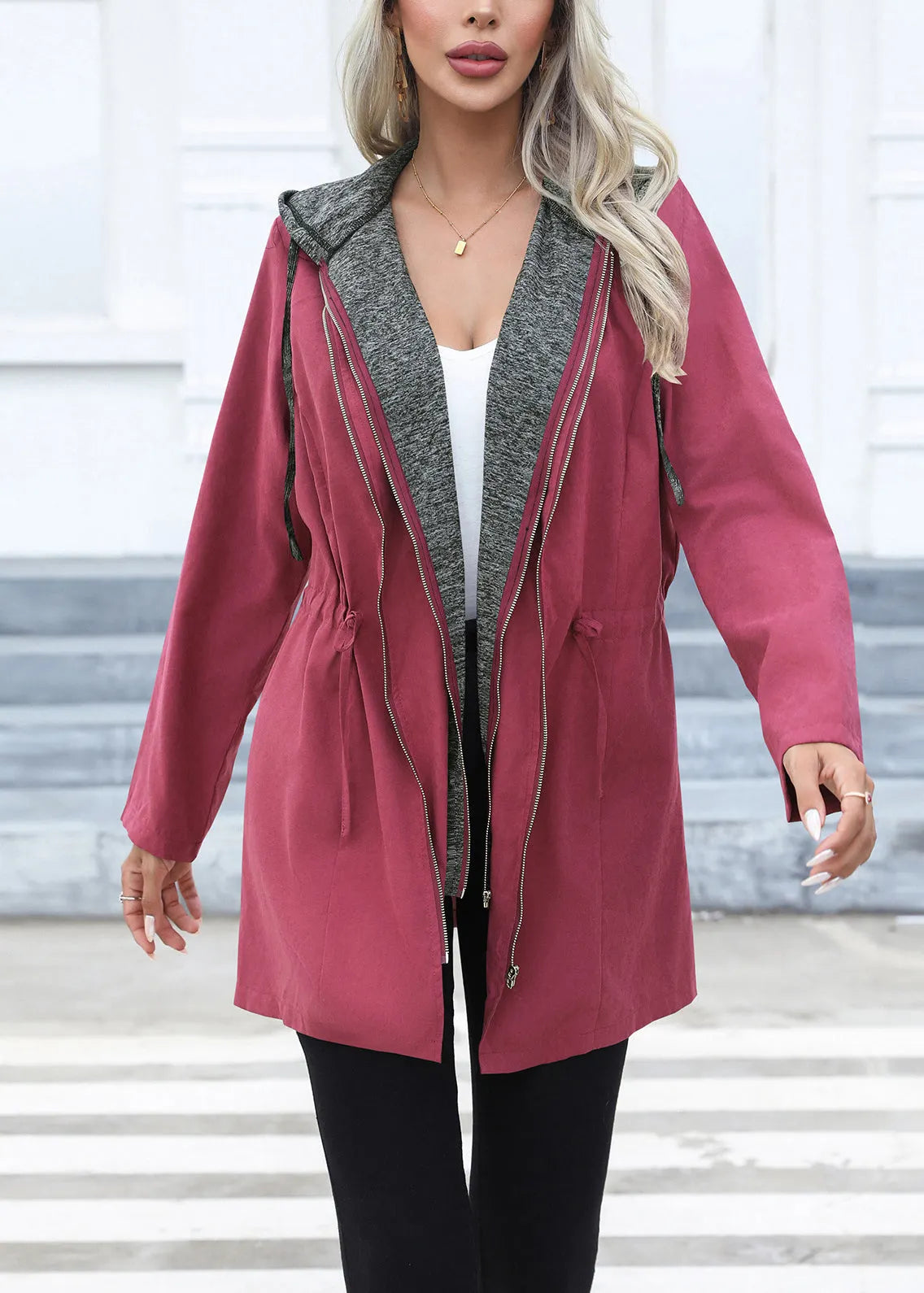 Green Drawstring Patchwork Cotton Hoodie Coat Fall