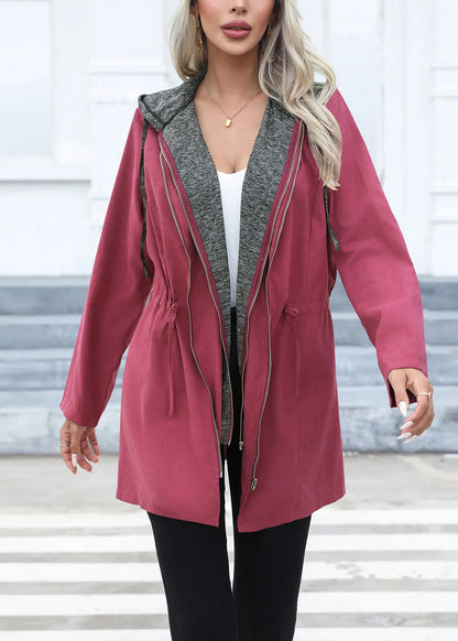 Green Drawstring Patchwork Cotton Hoodie Coat Fall