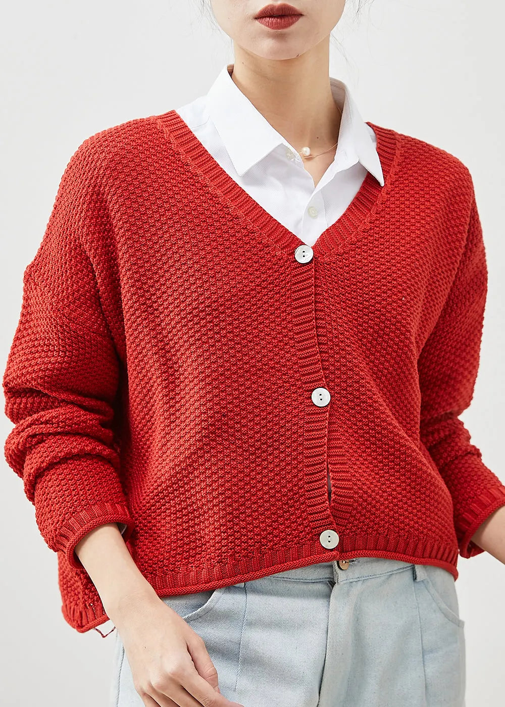 Red Button Down Knit Loose Cardigan Spring