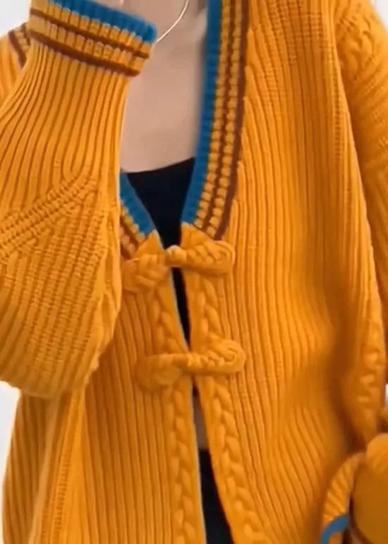 Orange V Neck Oriental Button Knit Cardigan Spring