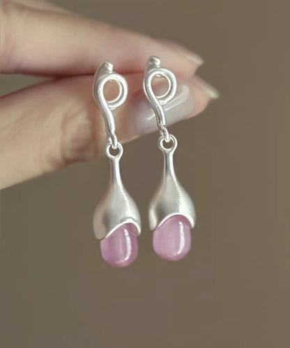 Pink Sterling Silver Cat Eye Stone Tassel Drop Earrings