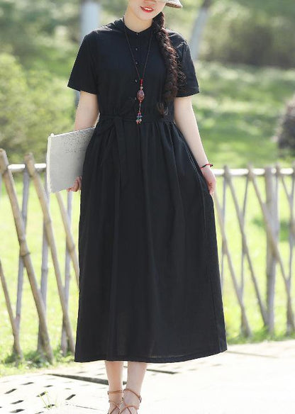 Black Linen Cotton Robes Shape Tie Waist Maxi Summer Dress