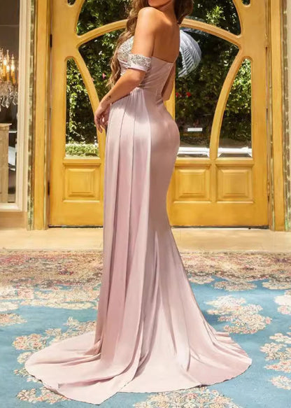 Silver One Shoulder Side Open Silk Party Dress
