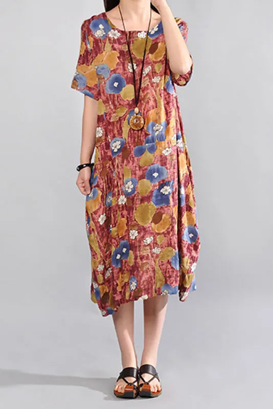 Summer Cotton Linen Dress Short Sleeve Linen Long Dress