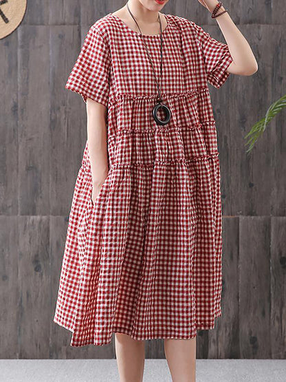 100%cotton Short Sleeve Plaid Dress