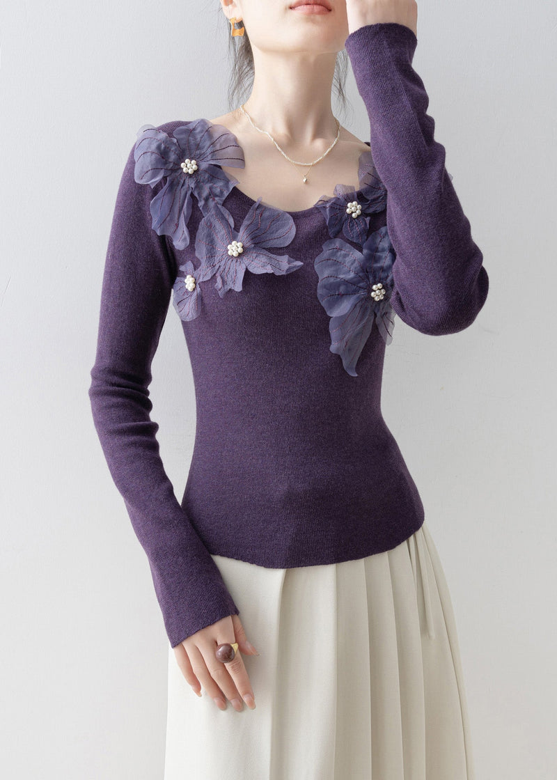 Slim Fit Purple O Neck Nail Bead Knit Top Spring