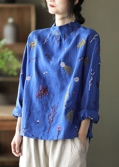 White Linen Stand Collar Shirt Top Long Sleeve