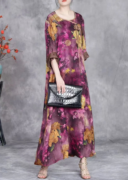 Italian Purple Tasseled Print Patchwork Silk Dress Half Sleeve