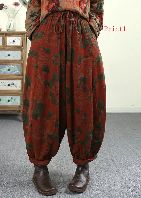 Pockets Print Elastic Waist Fine Cotton Filled Pants Winter