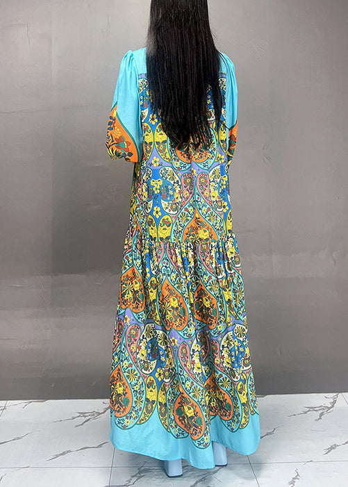 Blue Peter Pan Collar Button Print Cotton Long Dress Fall