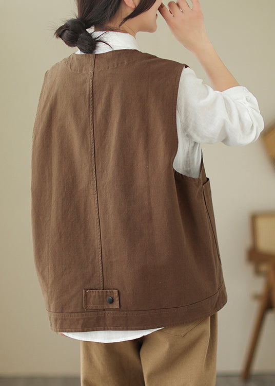 Brown V Neck Pockets Patchwork Cotton Vest Sleeveless