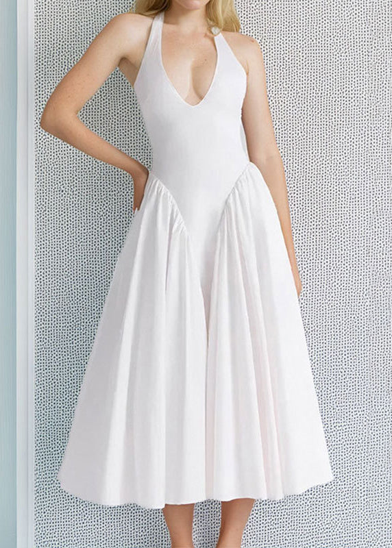 New White V Neck Pockets Cotton Dress Sleeveless