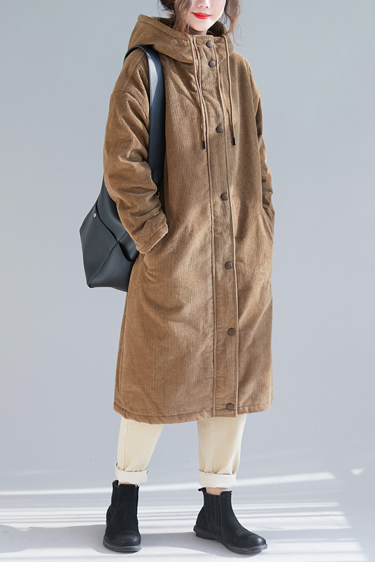 -winter Lamb Fleece Mid Length Coat Corduroy Hooded Coat