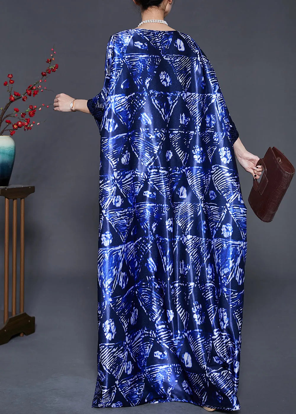 Navy Sequins Print Silk Long Dress Batwing Sleeve