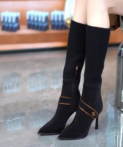 Coffee Elastic Knitting Splicing Faux Leather Heel Boots
