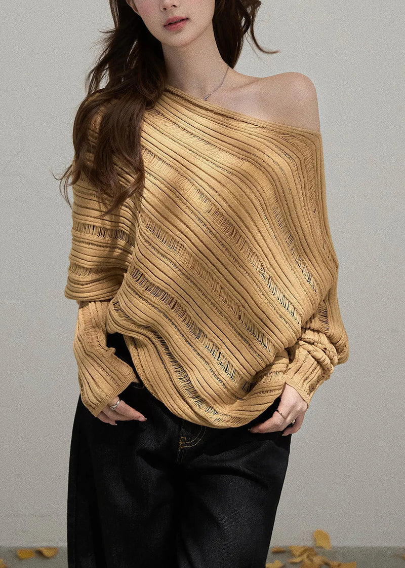 Fitted Khaki Cold Shoulder Striped Knit Shirts Fall