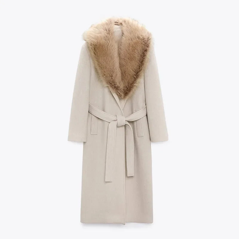 Faux Fur Patchwork Collar Woolen Belts Coat Button Up Pocket Thicken Warm Outwear Female Winter Jacket