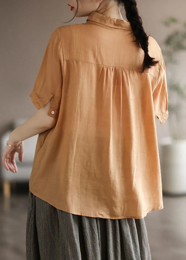 Yellow Print Linen Shirt Tops Patchwork Short Sleeve