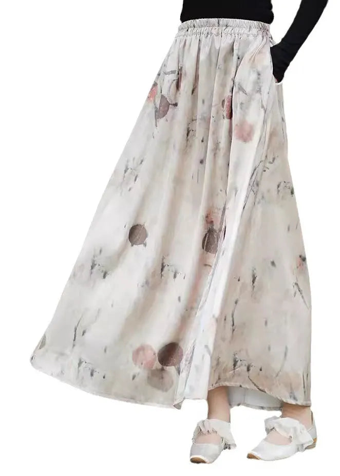New Print Pockets Elastic Waist Silk Skirts Summer