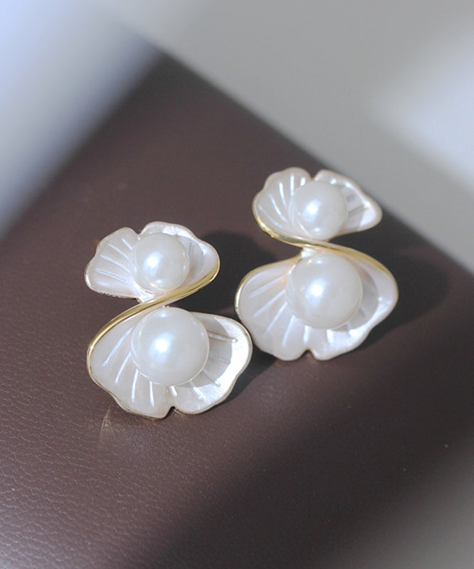 Diy White Copper Overgild Pearl Morning Glory Stud Earrings