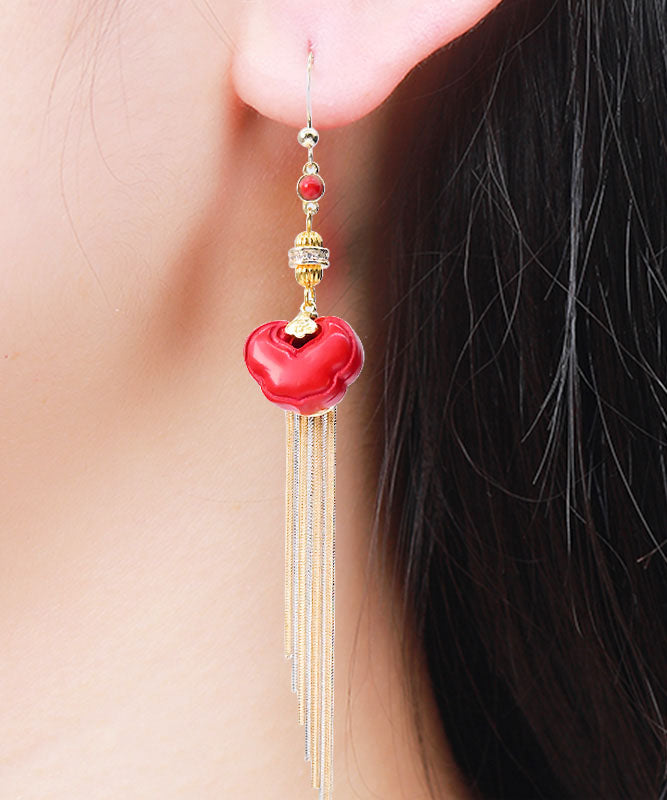 Vogue Red 14k Gold Cinnabar Ruyi Tassel Drop Earrings