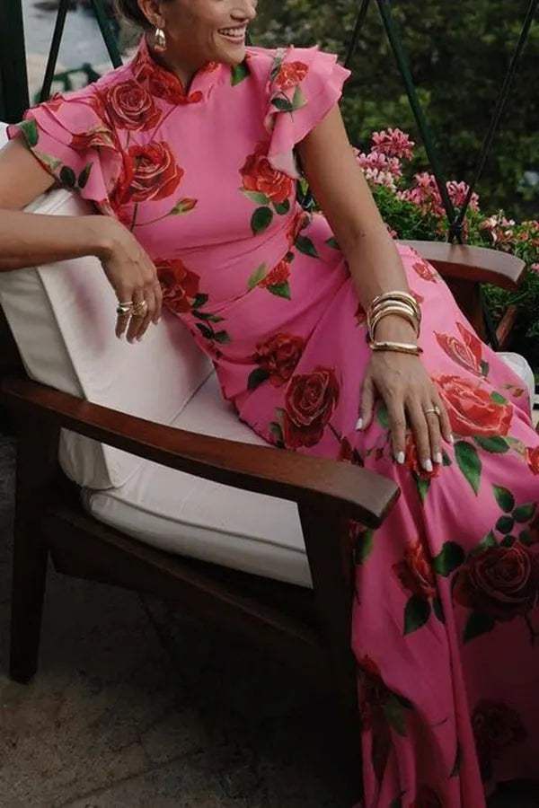 Cheongsam Style Rose Print Tiered Flare Sleeve Stretch Maxi Dress