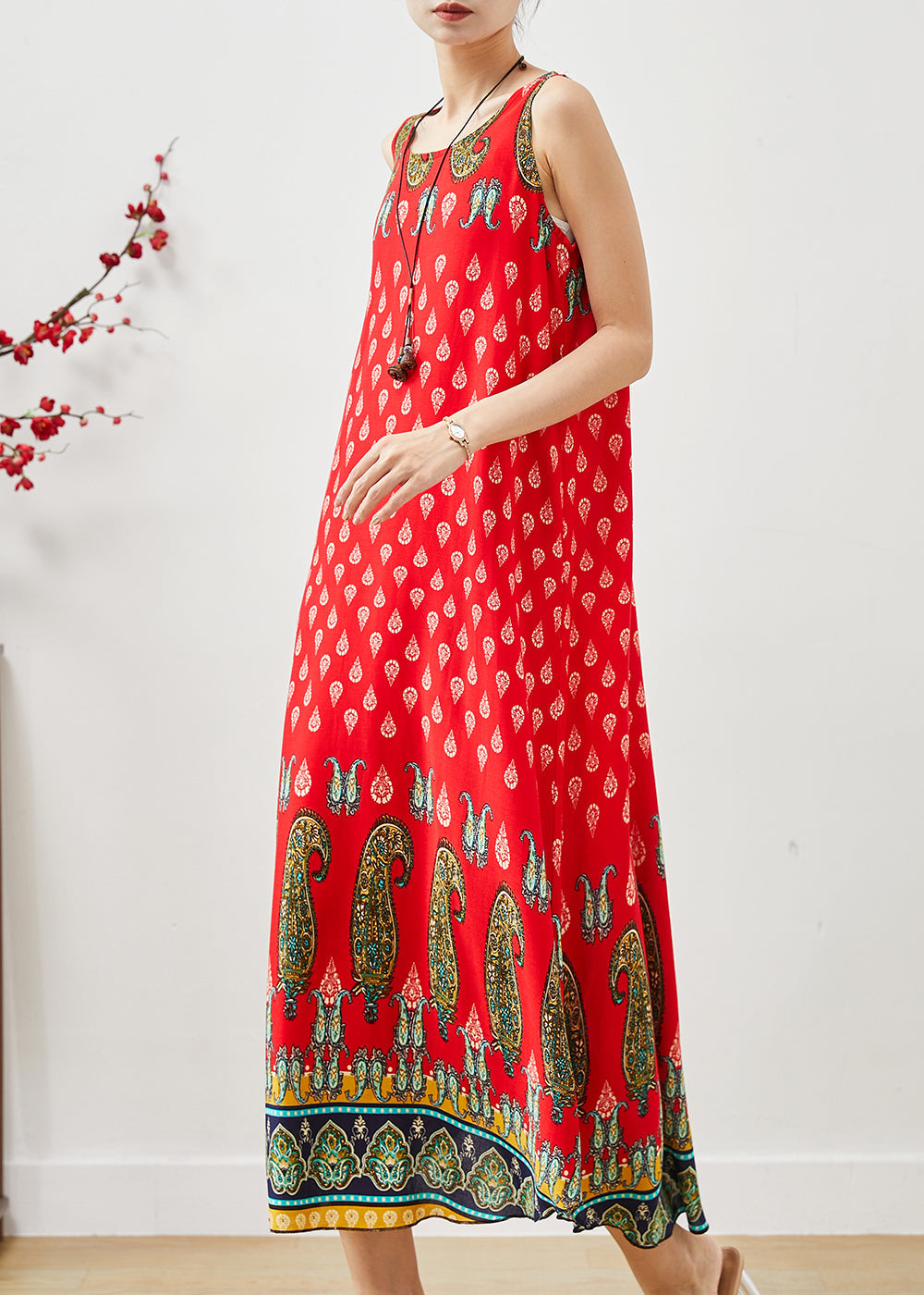 Red Oversized Print Cotton Dress Summer