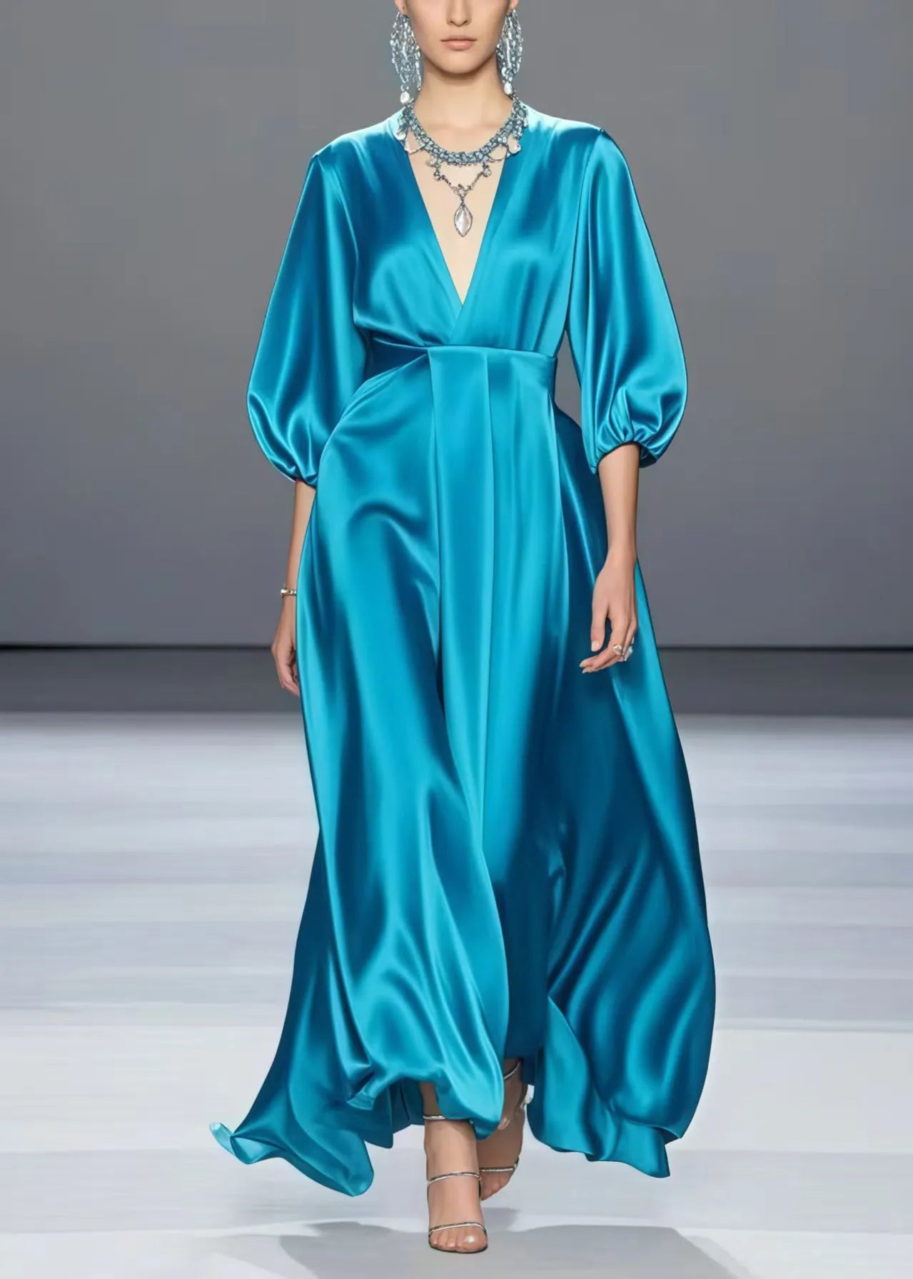 Organic Peacock Blue V Neck Draping Silk Long Dress Summer