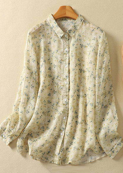 Unique Light Yellow Oversized Print Linen Shirt Tops Spring