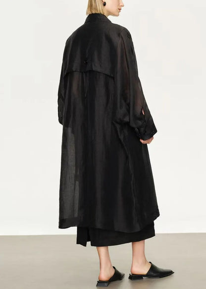New Black Button Pockets Linen Silk Long Trench Coat Batwing Sleeve