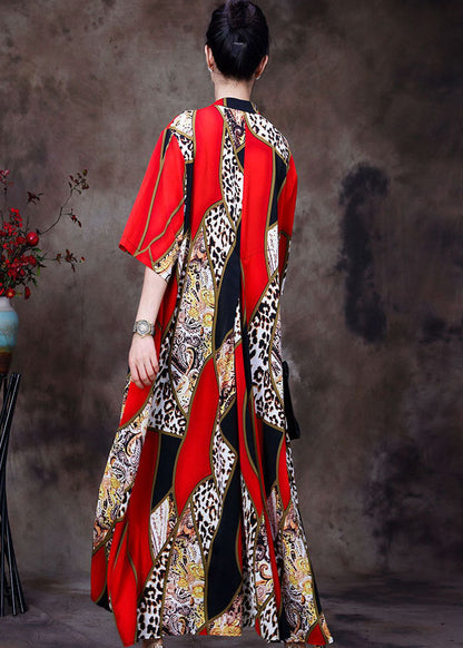 Red Stand Collar Leopard Print Chiffon Long Cardigans Summer